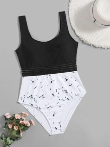 Bañador una pieza de malla en contraste con estampado de mármol - Blanco y Negro - Ver 4
