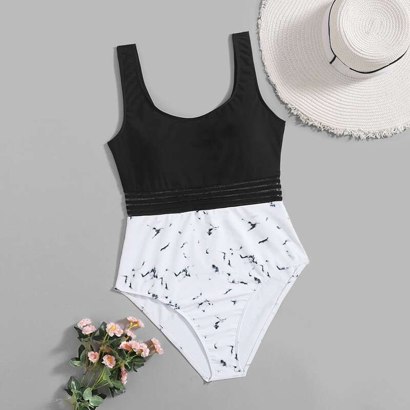 

Contrast Mesh Marble Print One Piece Swimsuit, Black and white