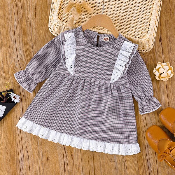 

Baby Contrast Schiffy Trim Plaid Dress, Multicolor