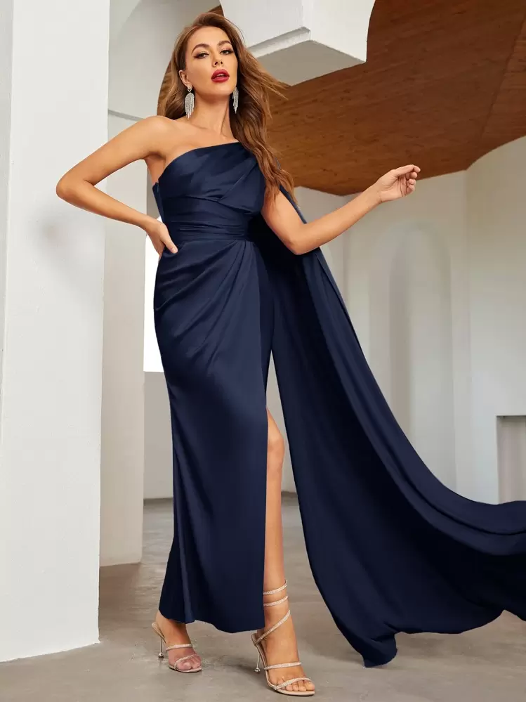 One Shoulder Cloak Sleeve Wrap Hem Solid Dress | SHEIN EUQS