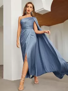 SHEIN Belle 單肩斗篷袖圍裹下擺素色伴娘連衣裙 - 淺灰紫 - 查看 1