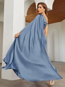 SHEIN Belle 單肩斗篷袖圍裹下擺素色伴娘連衣裙 - 淺灰紫 - 查看 2