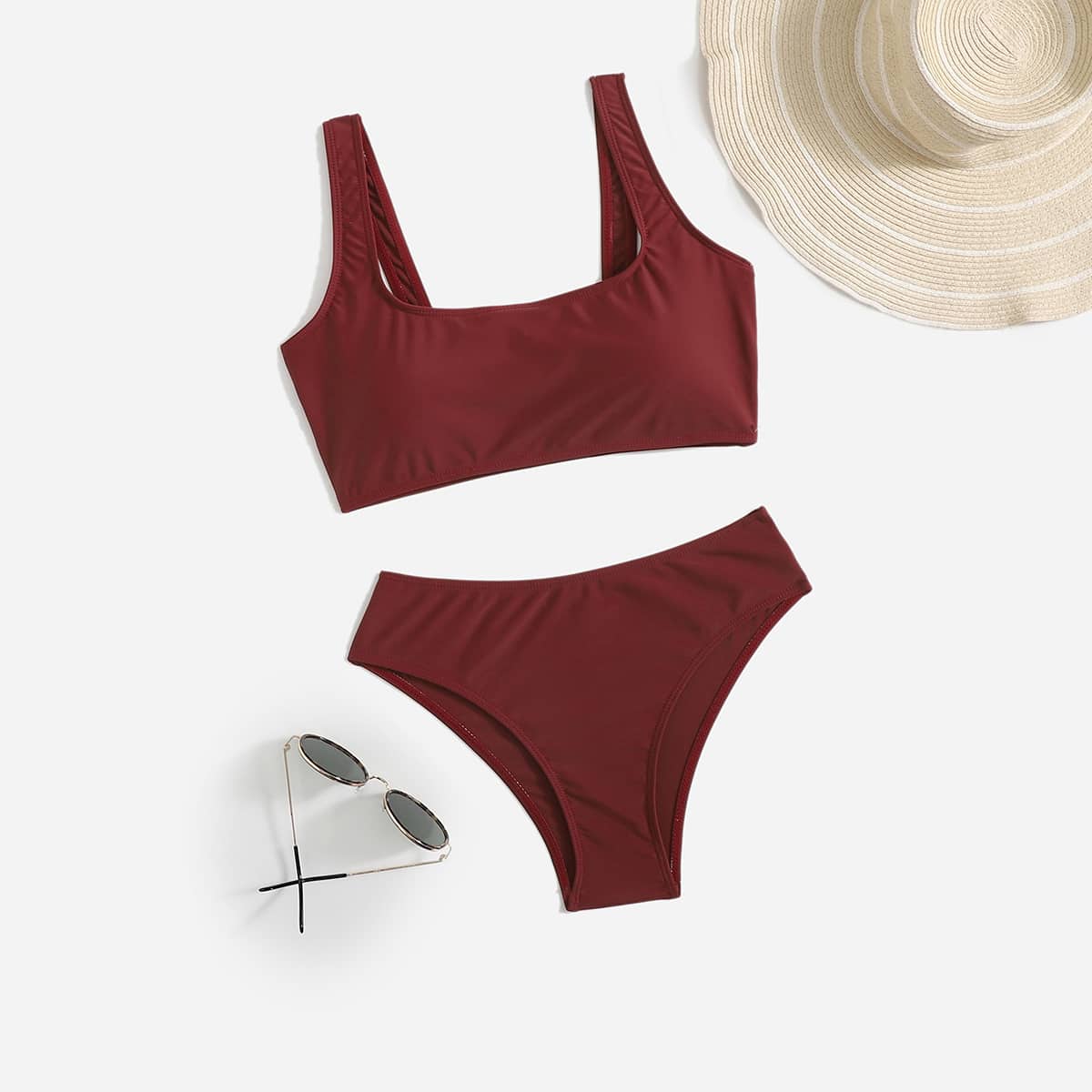 

Solid Square Neck Bikini Swimsuit, Burgundy
