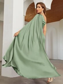 SHEIN 單肩斗篷袖圍裹下擺素色伴娘洋裝 - 綠色 - 查看 2