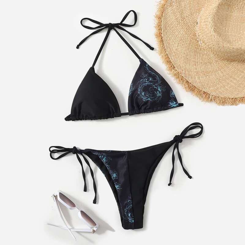 

Chinese Dragon Print Triangle Tie Side Bikini Swimsuit, Black