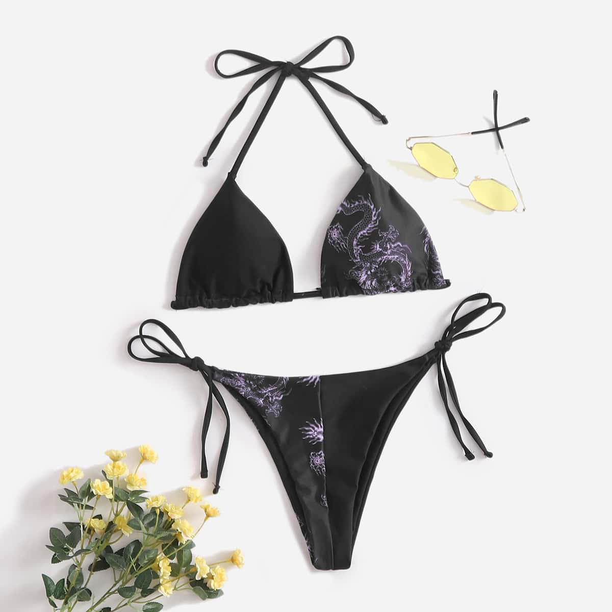 

Chinese Dragon Print Triangle Tie Side Bikini Swimsuit, Black