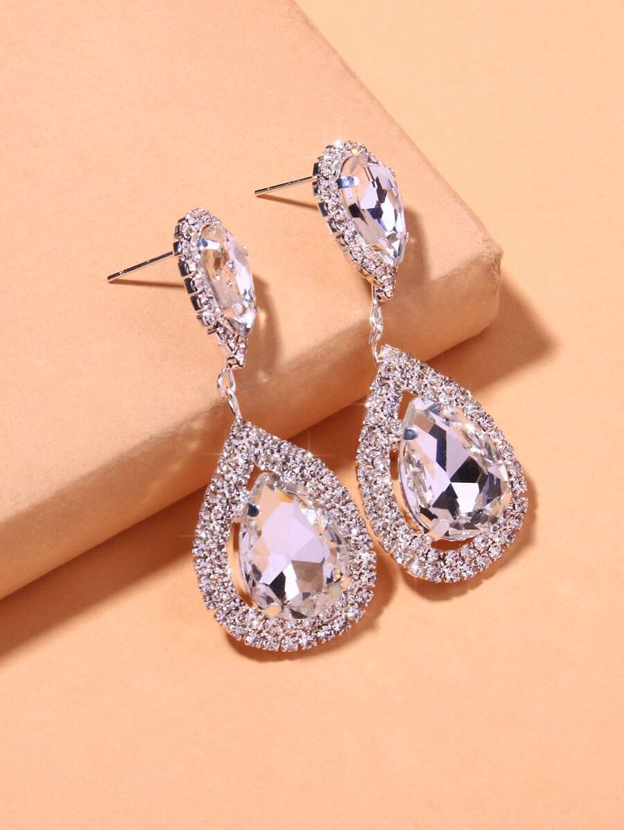 水鑽水滴裝飾耳環 - 銀色 - 查看 1