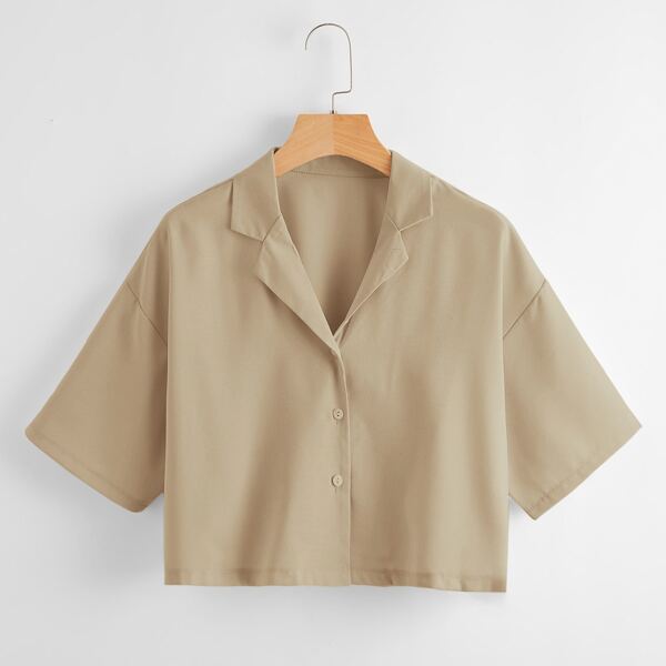 

Plus Button Front Lapel Collar Crop Blouse, Apricot