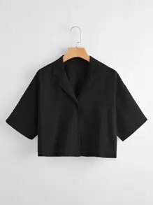 SHEIN EZwear Áo sơ mi Plus Size Nút phía trước màu trơn Giải trí - màu đen - Xem 1