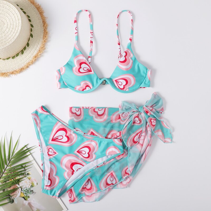 

3pack Heart Print Underwire Bikini Swimsuit & Cover Up, Green