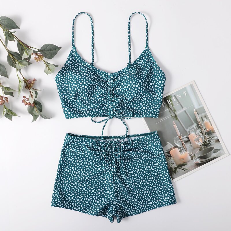 

Dalmatian Drawstring Front Shorts Bikini Swimsuit, Dark green