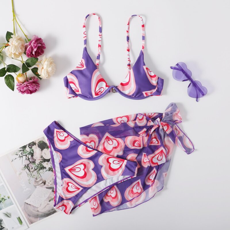 

3pack Heart Print Underwire Bikini Swimsuit With Beach Skirt, Purple