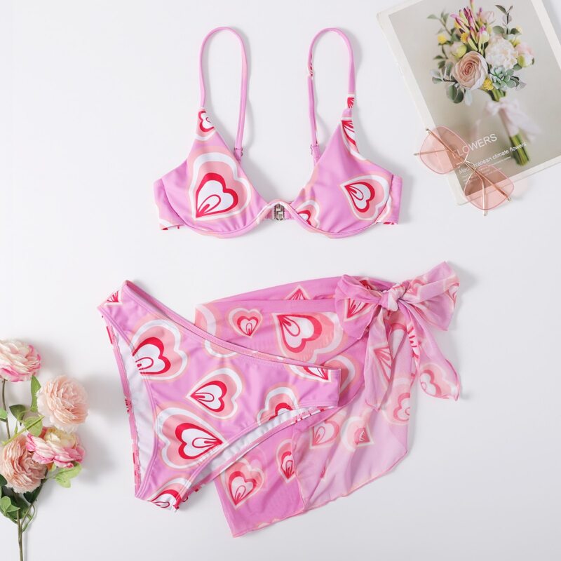 

3pack Heart Pattern Push Up Bikini Swimsuit & Beach Skirt, Pink