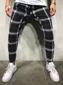 Manfinity Hombres Pantalones de cuadros de cintura con cordón - Blanco y Negro - Ver 1