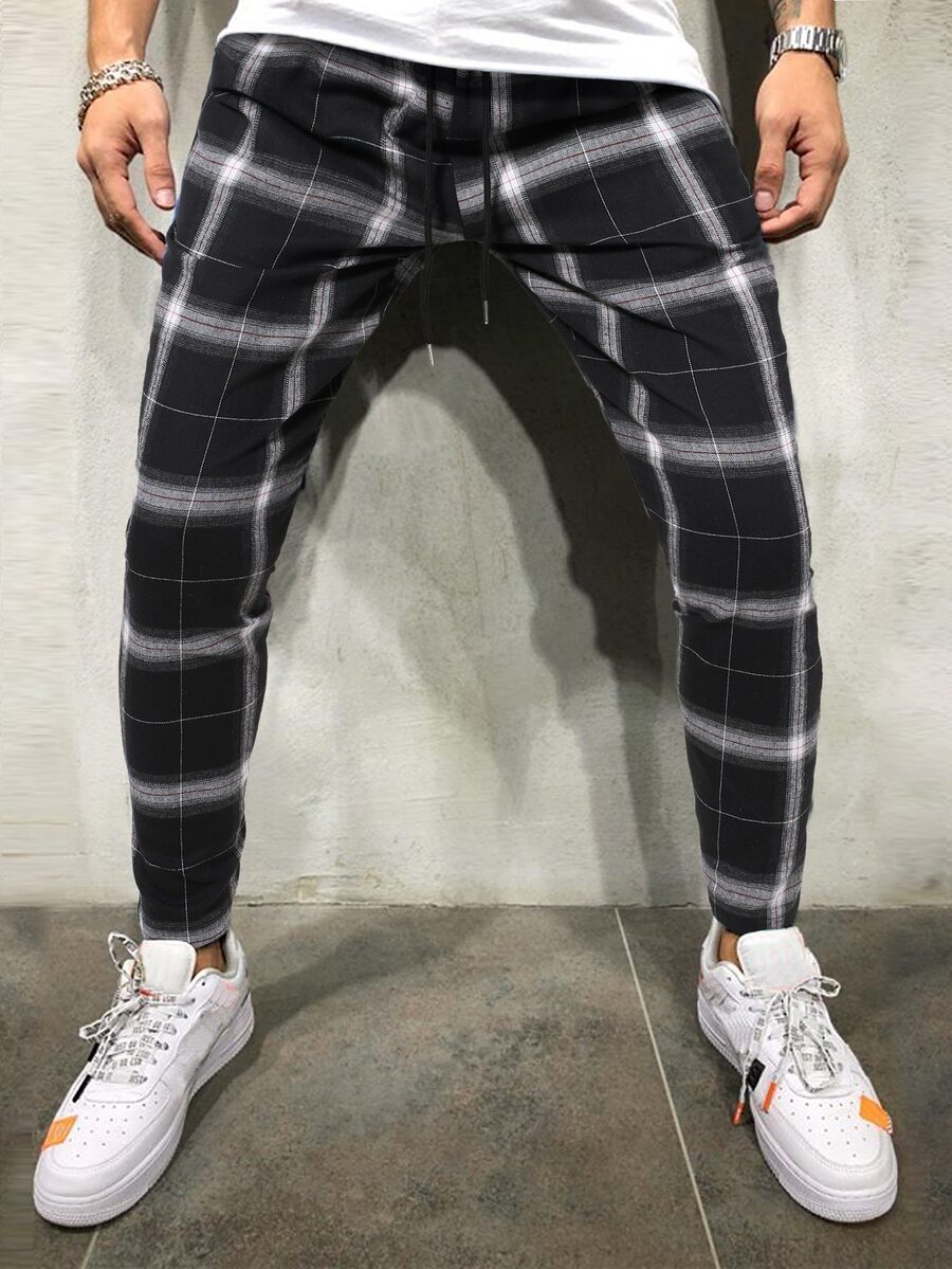 Manfinity Hombres Pantalones de cuadros de cintura con cordón - Blanco y Negro - Ver 1
