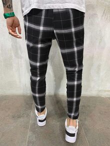 Manfinity Hombres Pantalones de cuadros de cintura con cordón - Blanco y Negro - Ver 2