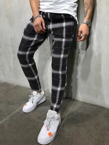 Manfinity Hombres Pantalones de cuadros de cintura con cordón - Blanco y Negro - Ver 8