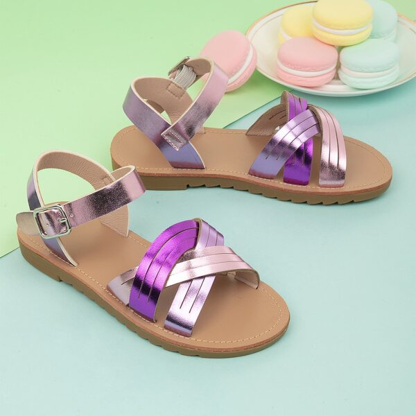 

Girls Buckle Detail Metallic Pattern Ankle Strap Sandals, Purple