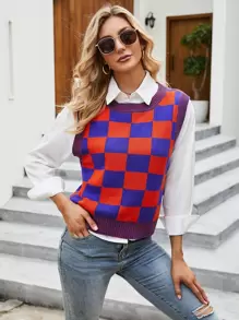 Checkered Sweater Vest Without Blouse - Multicolor - View 1