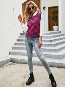 Checkered Sweater Vest Without Blouse - Multicolor - View 4