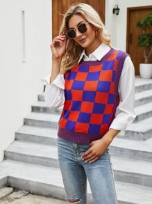 Checkered Sweater Vest Without Blouse - Multicolor - View 6