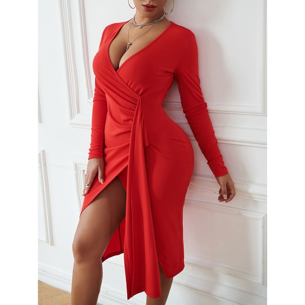 

Solid Ruched Side Draped Dress, Red