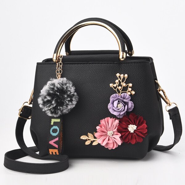 

Pom Pom Charm Flower Decor Satchel Bag, Black