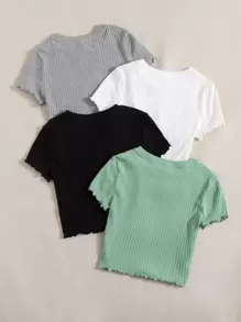 Muchica 4pcs Lettuce Trim Rib Knit Tee - Multicolor - View 2