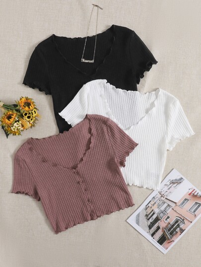 SHEIN EZwear 3pcs/Set Button Wavy V-Neck T-Shirts