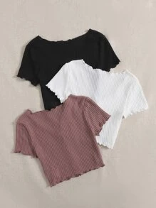 SHEIN EZwear 3 piezas Camiseta ribete en forma de lechuga tejido waffle - Multicolor - Ver 2