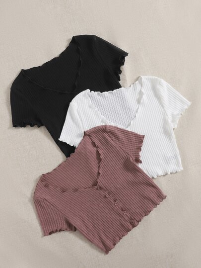 SHEIN EZwear 3pcs/Set Button Wavy V-Neck T-Shirts