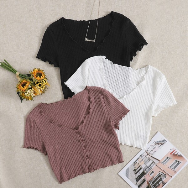 

3pcs Lettuce Trim Waffle Knit Tee, Multicolor