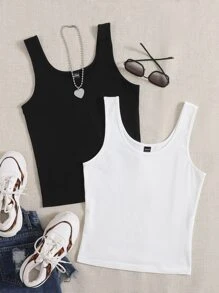 SHEIN EZwear 2pcs Solid Tank Crop Top - Black and White - View 6