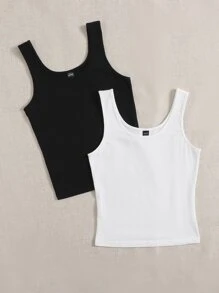 SHEIN EZwear 2pcs Solid Tank Crop Top - Black and White - View 3