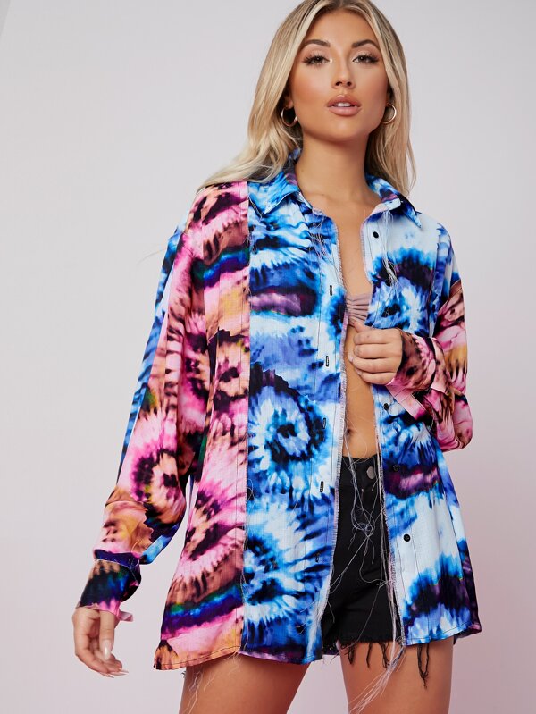 SHEIN Camisa amplia con botón delantero con lavado de tie dye