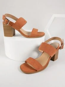 Faux Leather Open-Toe Ankle Strap High Block Heels - Redwood - View 1