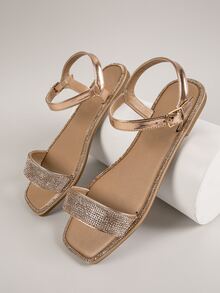 水鑽人造皮革方頭涼鞋 - 金色 - 查看 3