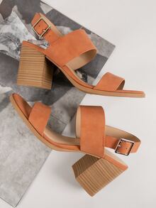 Faux Leather Open-Toe Ankle Strap High Block Heels - Redwood - View 4