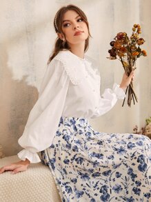SHEIN 拼接網眼刺繡誇大領口荷葉袖襯衫 - 白色 - 查看 4