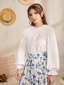 SHEIN 拼接網眼刺繡誇大領口荷葉袖襯衫 - 白色 - 查看 3