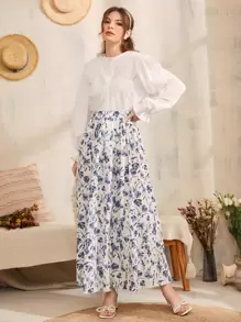 SHEIN 拼接網眼刺繡誇大領口荷葉袖襯衫 - 白色 - 查看 1