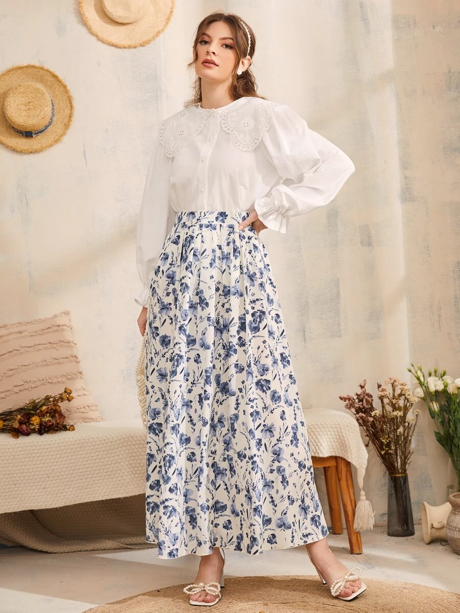 SHEIN 拼接網眼刺繡誇大領口荷葉袖襯衫 - 白色 - 查看 1