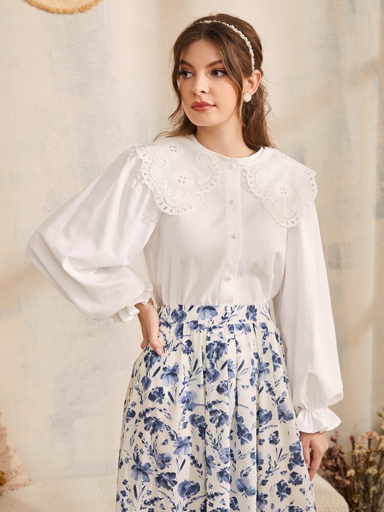 SHEIN Contrast Schiffy Statement Collar Flounce Sleeve Blouse - White - View 5