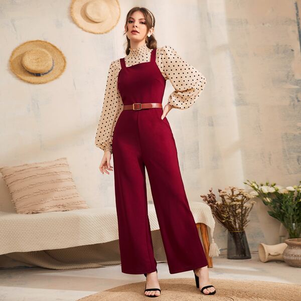 

Solid Wide Leg Overall Jumpsuit Without Belt, Burgundy