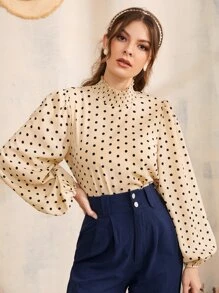 SHEIN Privé 波點圖案燈籠袖後鎖孔上衣工作服 - 卡其色 - 查看 1