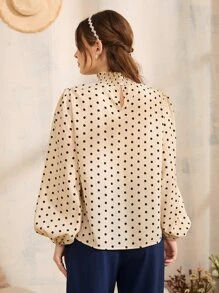 SHEIN Privé 波點圖案燈籠袖後鎖孔上衣工作服 - 卡其色 - 查看 2