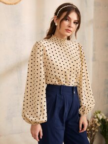 SHEIN Privé 波點圖案燈籠袖後鎖孔上衣工作服 - 卡其色 - 查看 5