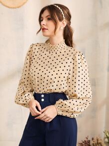 SHEIN Privé 波點圖案燈籠袖後鎖孔上衣工作服 - 卡其色 - 查看 4