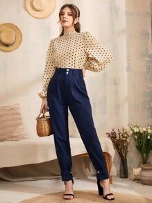 SHEIN Privé 波點圖案燈籠袖後鎖孔上衣工作服 - 卡其色 - 查看 3