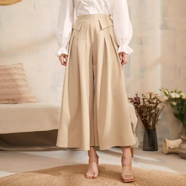 

Plicated Detail Wide Leg Pants, Khaki